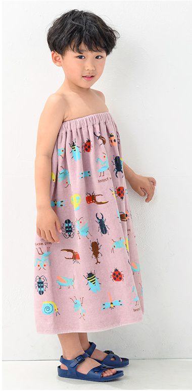 日本 ZOOLAND - 純棉海灘/游泳浴巾/浴袍 (附釦)-B企鵝夥伴-藍 (長60cm(幼稚園~國小低年級))