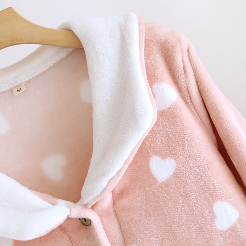 法蘭絨暖暖長袖連身睡衣-愛心-粉色