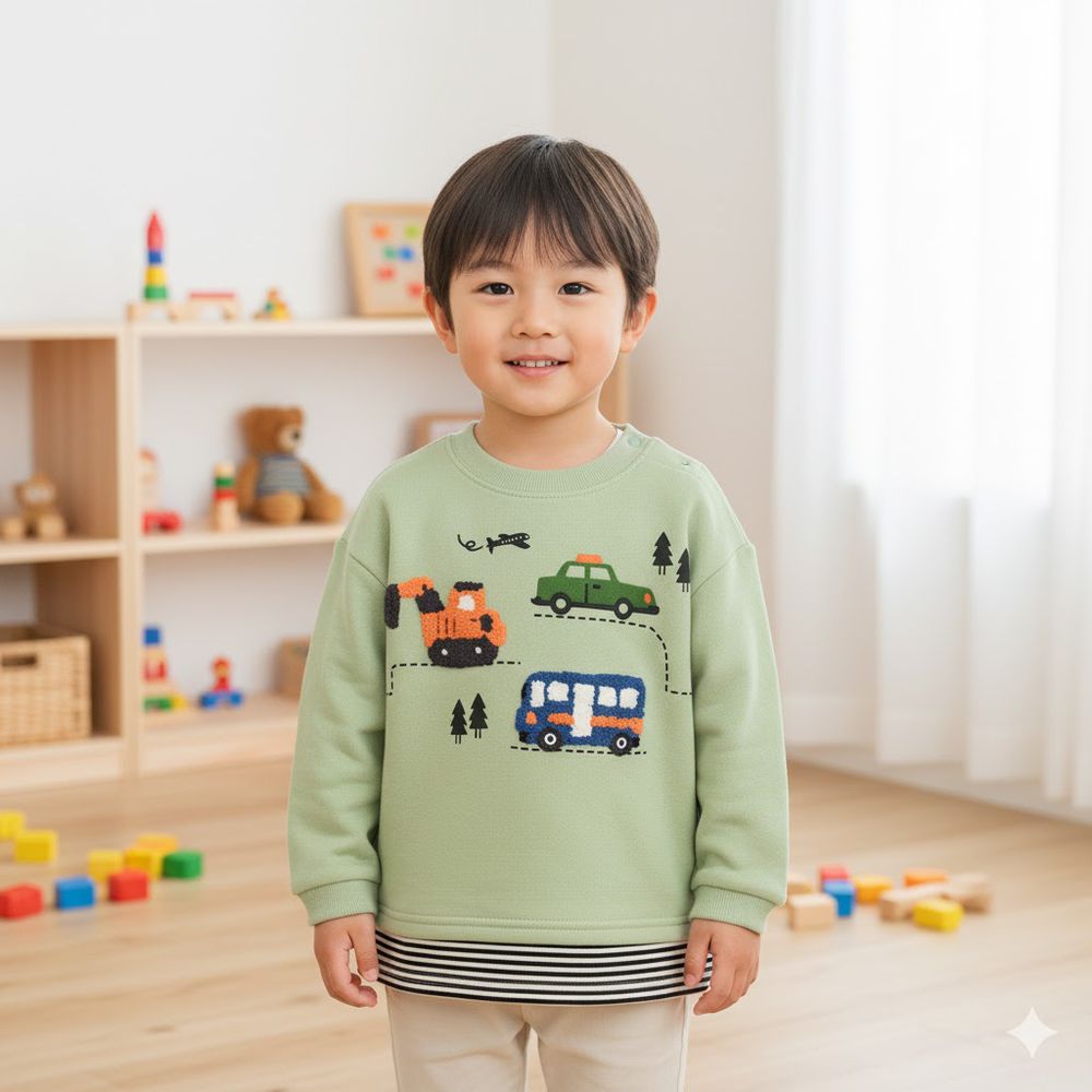 長袖休閒上衣-凸毛繡-綠色