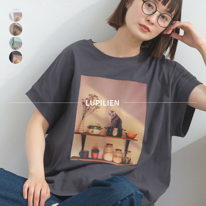 日本 Lupilien - 16支天竺棉 療癒印花法式袖上衣-貓咪的房間-薄荷