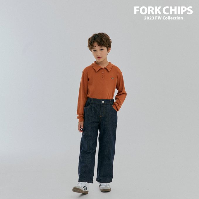 韓國 FORK CHIPS - 金屬裝飾直坑條翻領長袖上衣-磚紅
