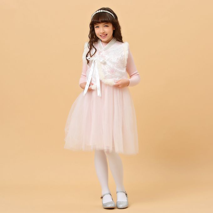 love, charlotte - 冬季冰雪刺繡亮片棉襖背心公主洋裝-背心+洋裝+珍珠髮箍