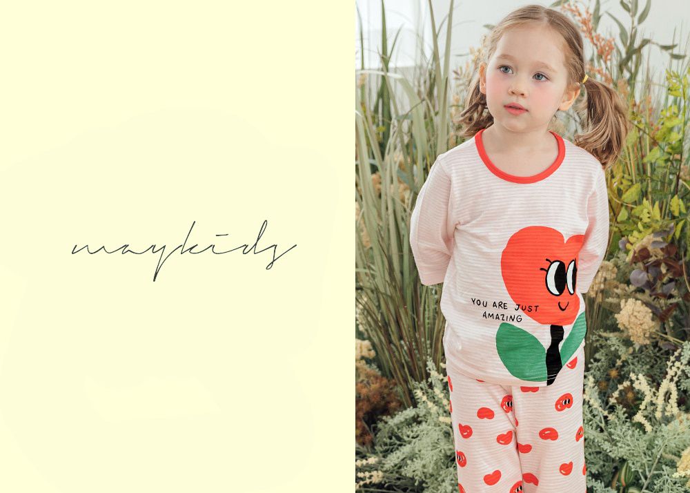 韓國 Maykids - 無螢光棉透氣七分袖家居服-愛心鬱金香