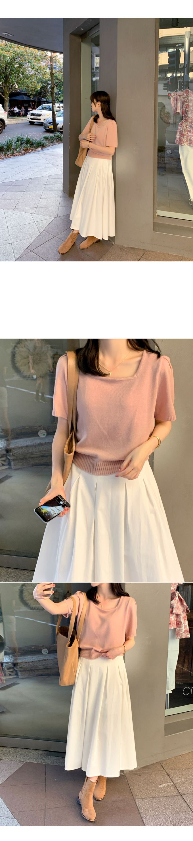 韓國 98doci - 氣質方領針織短袖上衣-淡粉