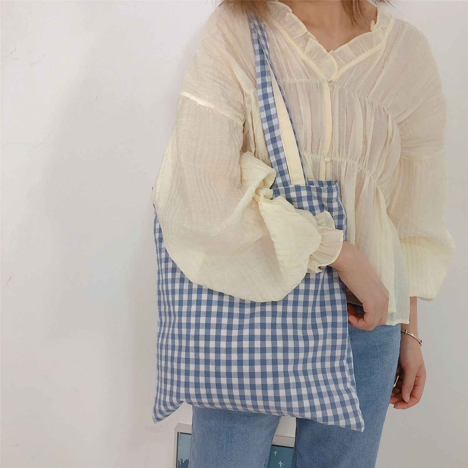 休閒格子單肩手提帆布袋-藍色 (37*35cm)