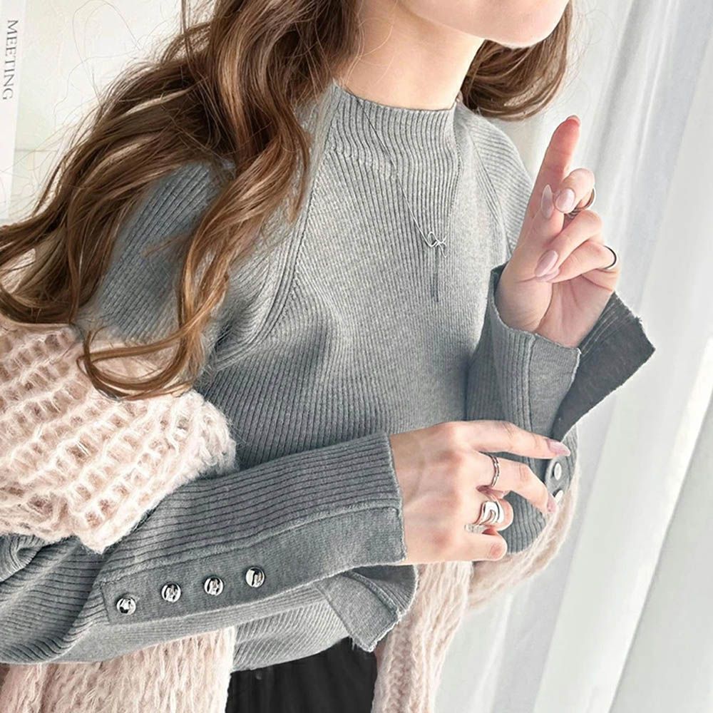 時尚金釦修身羅紋長袖上衣-灰