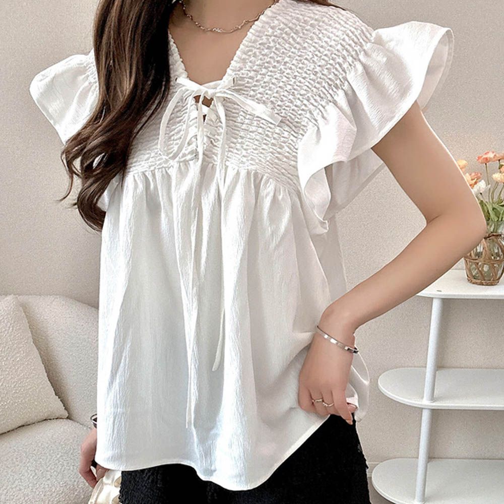 前後2way荷葉皺摺V領上衣-米白 (F)