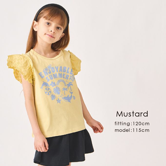 日本 evercloset - 100%棉 蕾絲荷葉邊印花短袖上衣-深灰