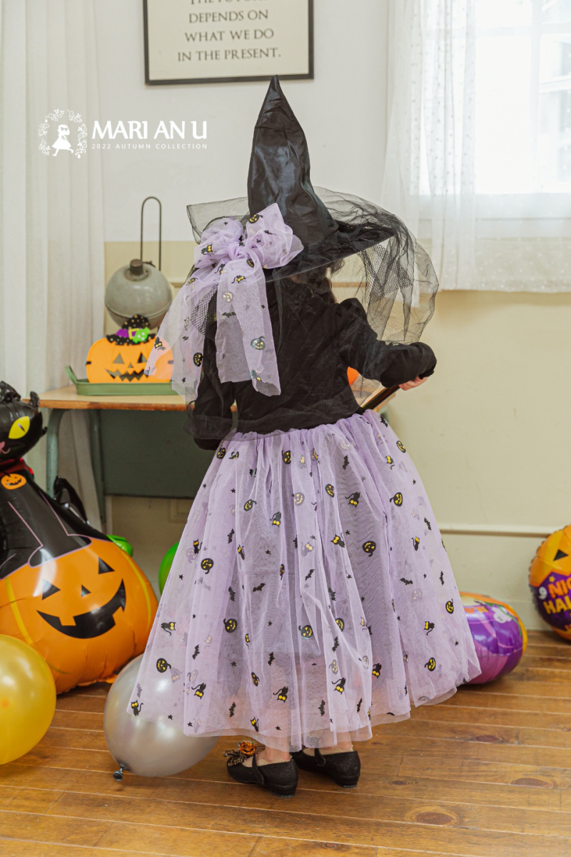 韓國 Mari an u - 萬聖節魔女南瓜網紗洋裝-黑X紫