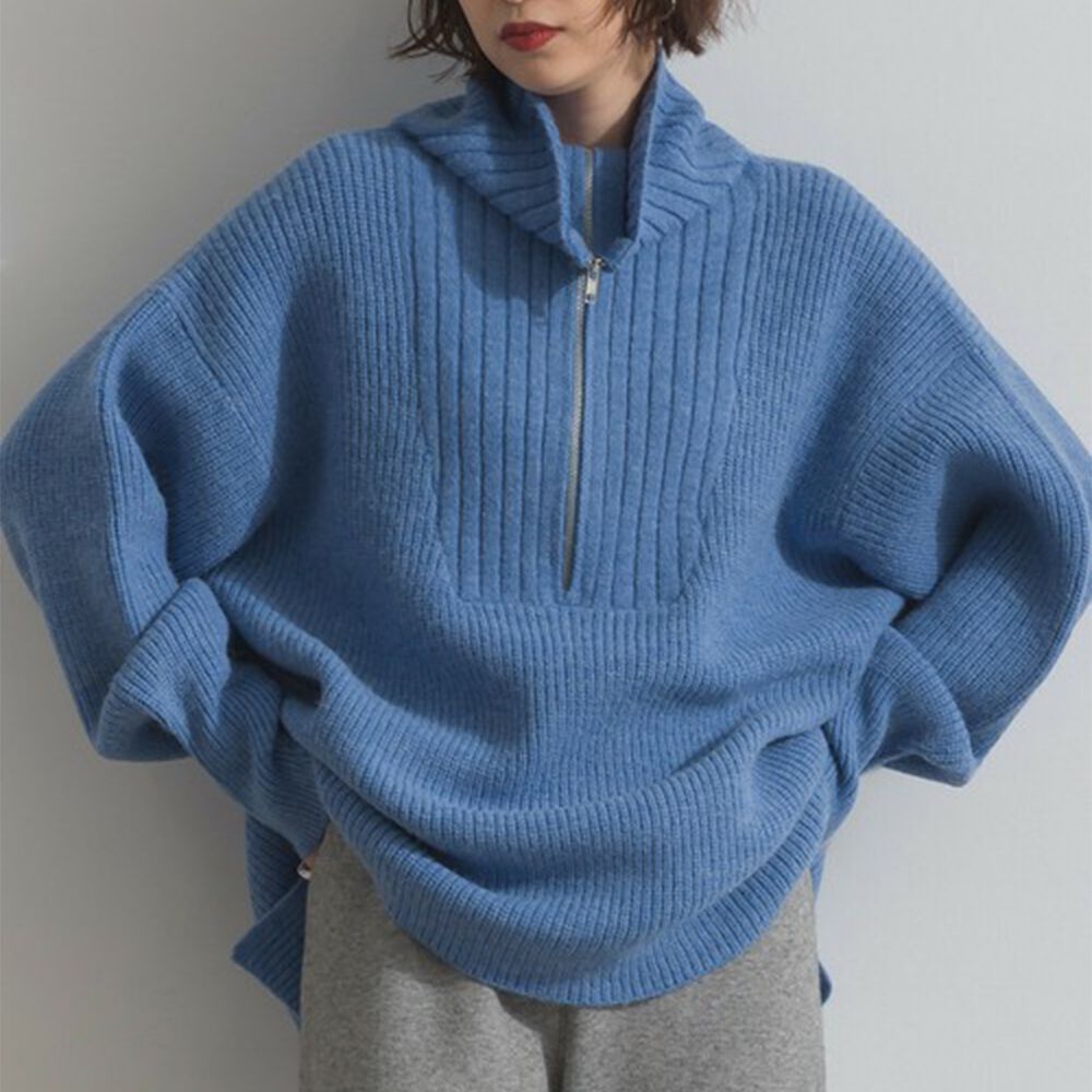優雅線條感半拉鍊長版針織高領上衣-藍
