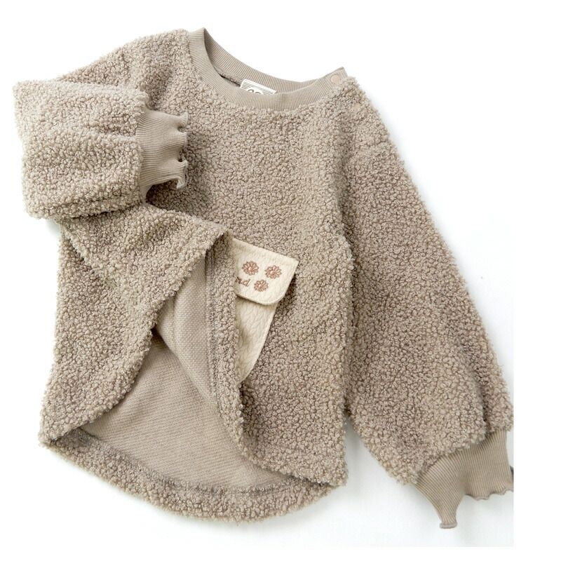 日本 ZOOLAND - 圓領泰迪熊刷毛長袖上衣-百寶袋-淺灰杏