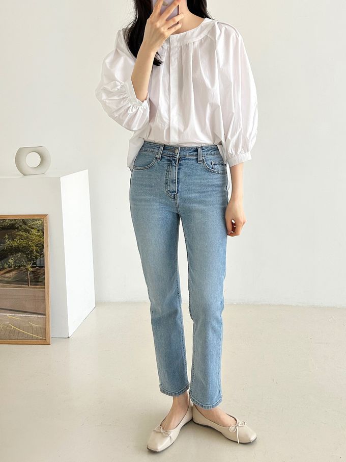 韓國女裝連線 - 氣質抓褶圓領七分袖襯衫-白 (FREE)