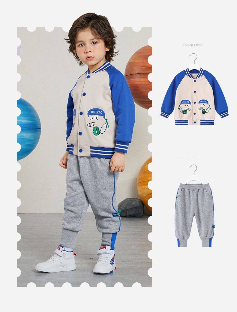 童趣拼色棒球外套-8號恐龍-藍+杏