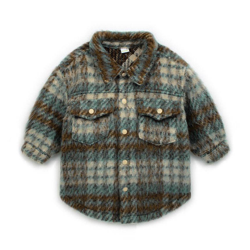 韓國Pimpollo - 藍格紋襯衫型保暖外套-棕