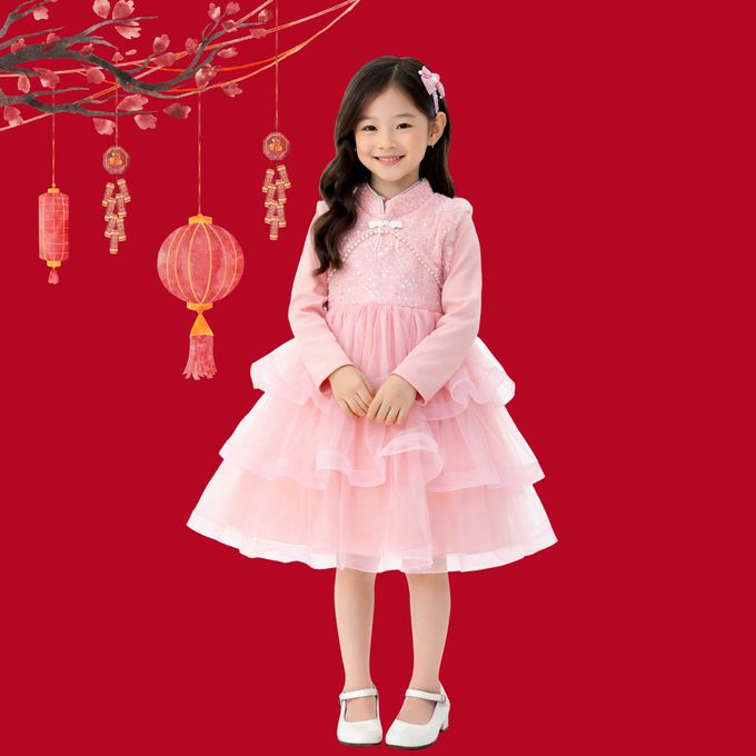 love, charlotte - 新年拜年淑女新式旗袍領鋪棉波浪網紗洋裝 - 淺粉色