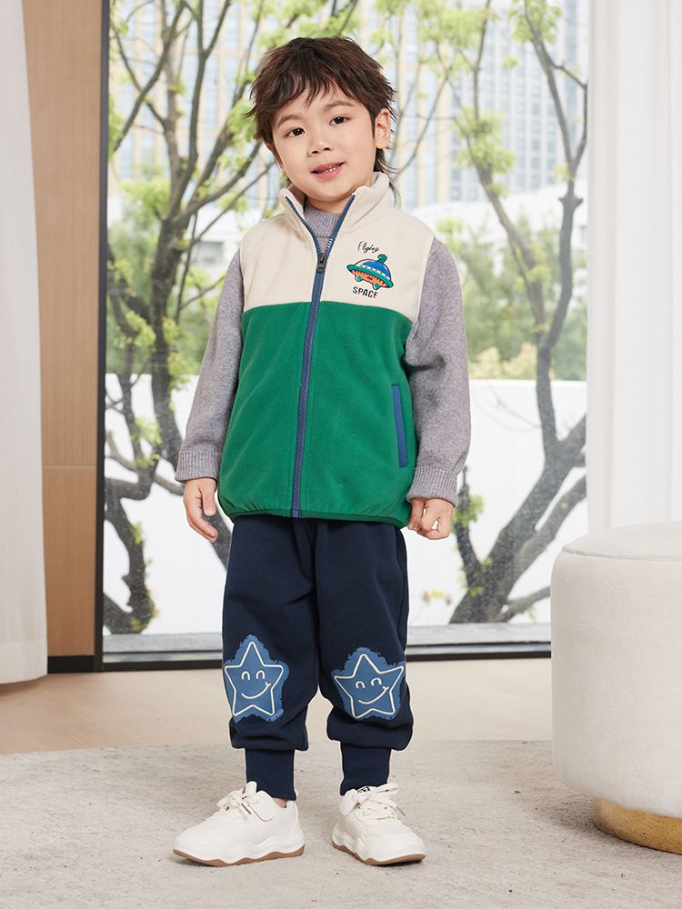 搖粒絨保暖兒童背心-外星飛碟-杏+橘