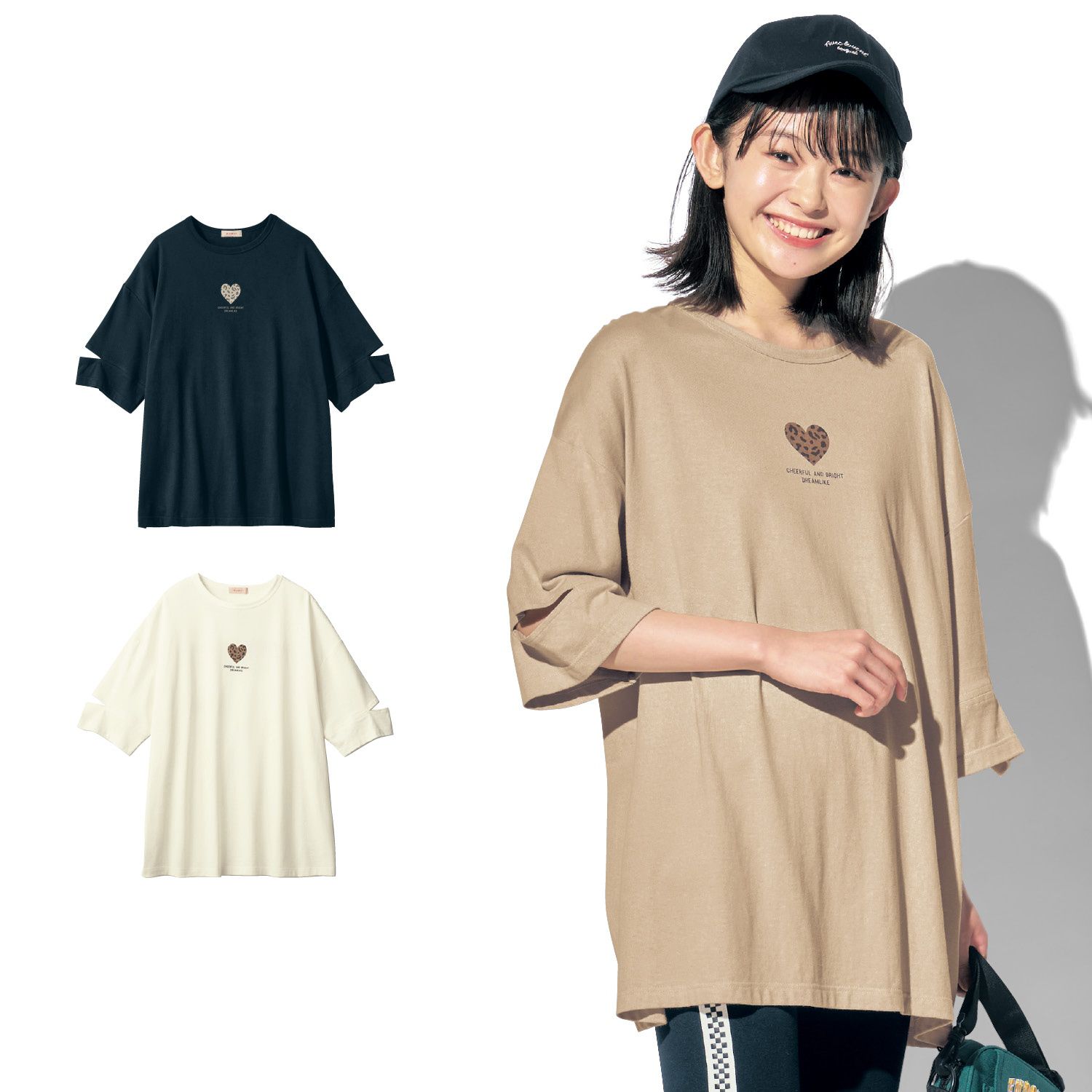 日本 Papel lapiz - 袖子開叉愛心印花寬鬆短袖上衣-米白