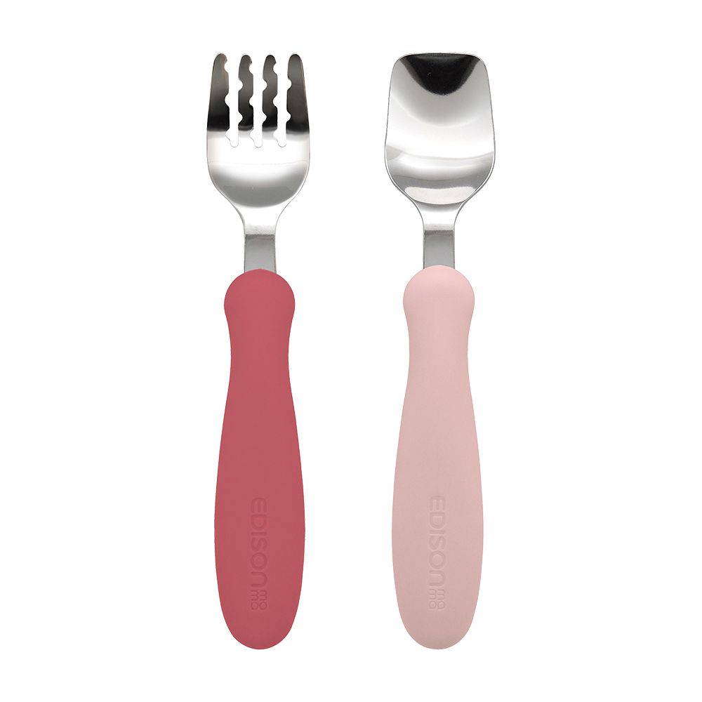 日本EDISON mama - 嬰幼兒學習餐具組(叉子+湯匙)-紅色+粉紅(1.5歲以上)｜媽咪愛