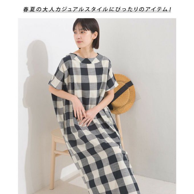 日本 OMNES - 100%印度棉 清爽格紋短袖洋裝-黑白