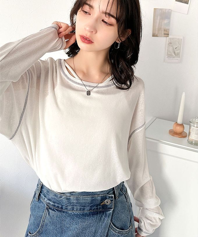 日本 Classical Elf - 透膚感配色線條薄長袖上衣-淺藍