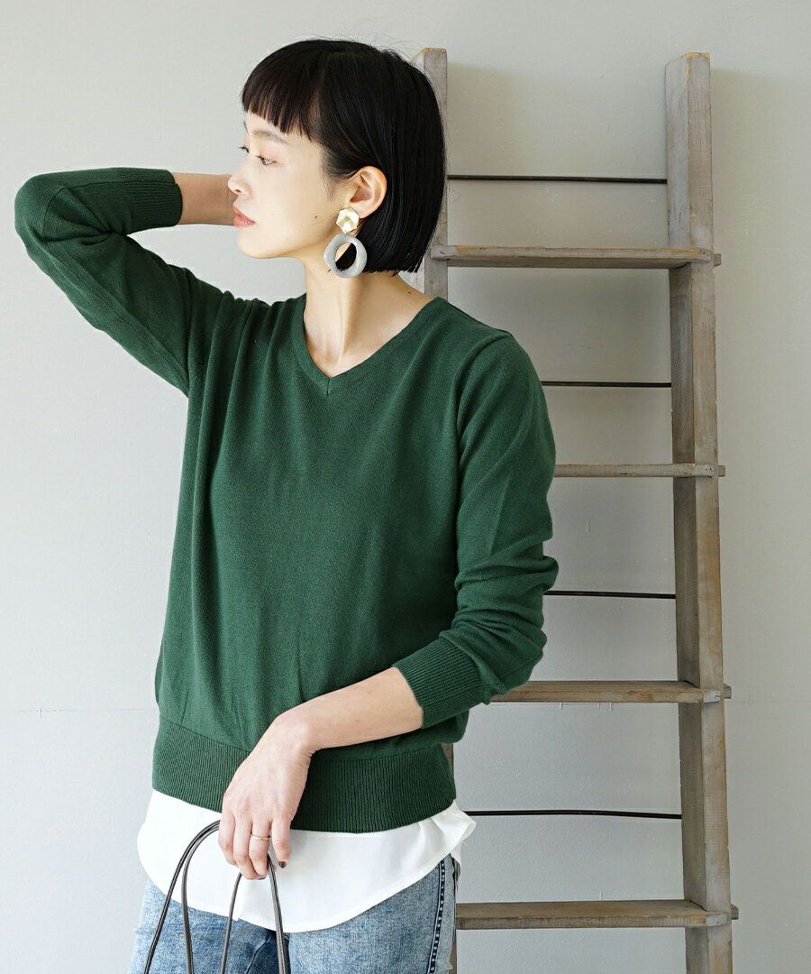日本 zootie - 定番款純棉V領針織上衣-深綠