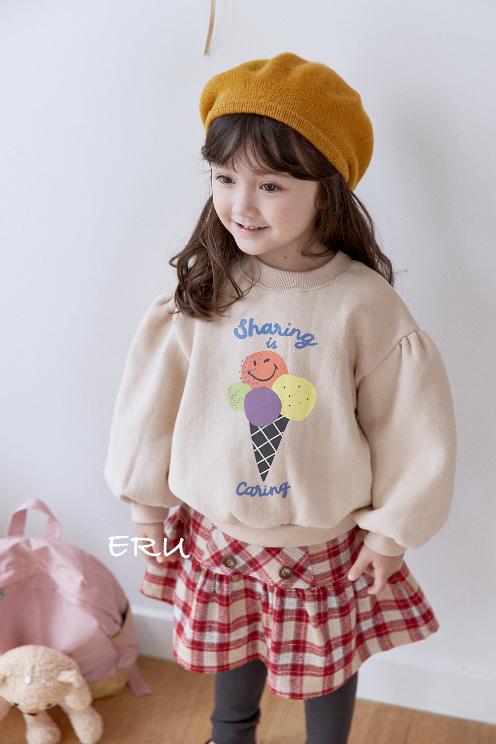 韓國 ERU - 裝飾鈕釦格紋褲裙-紅