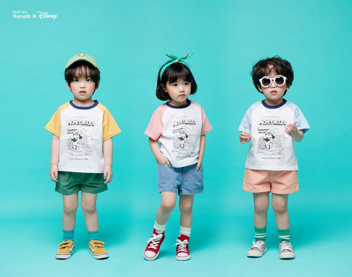 韓國 Hanab - 正版迪士尼-卡通米奇拼接色T-黃