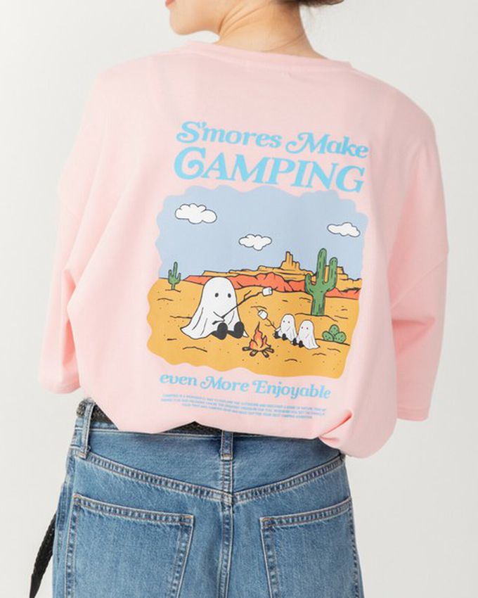 日本 gleam - 俏皮露營幽靈印花寬大風短袖T恤-奶油杏