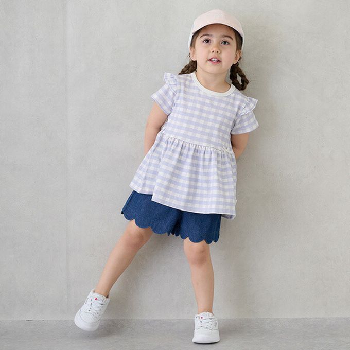 日本 petit main - 荷葉袖傘狀層次短袖上衣-貝殼-藍紫