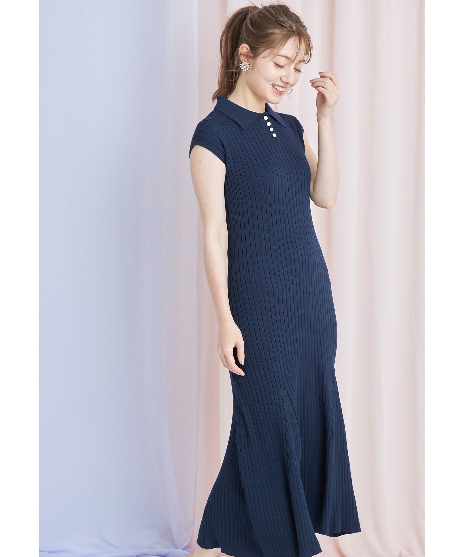 日本 tocco-closet - 直羅紋翻領修身洋裝-海軍藍