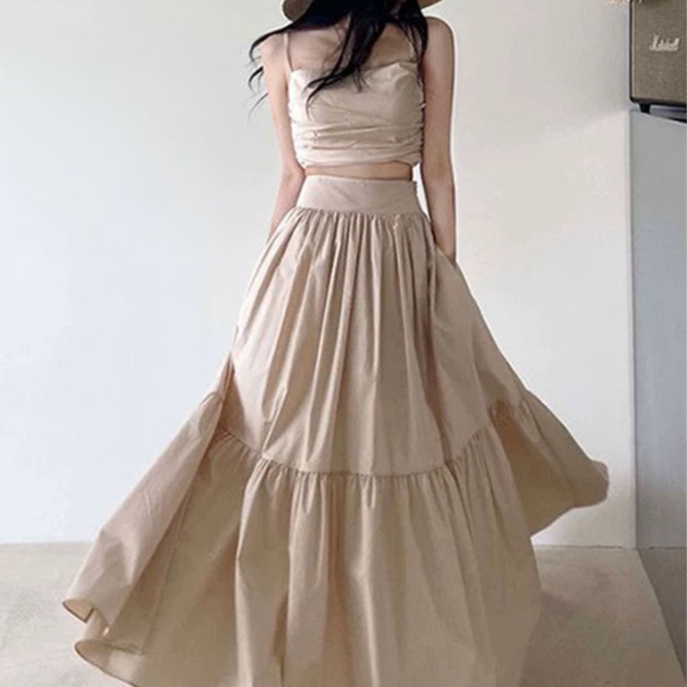 度假感背心+A字澎澎長裙2件組-淺灰杏 (M)