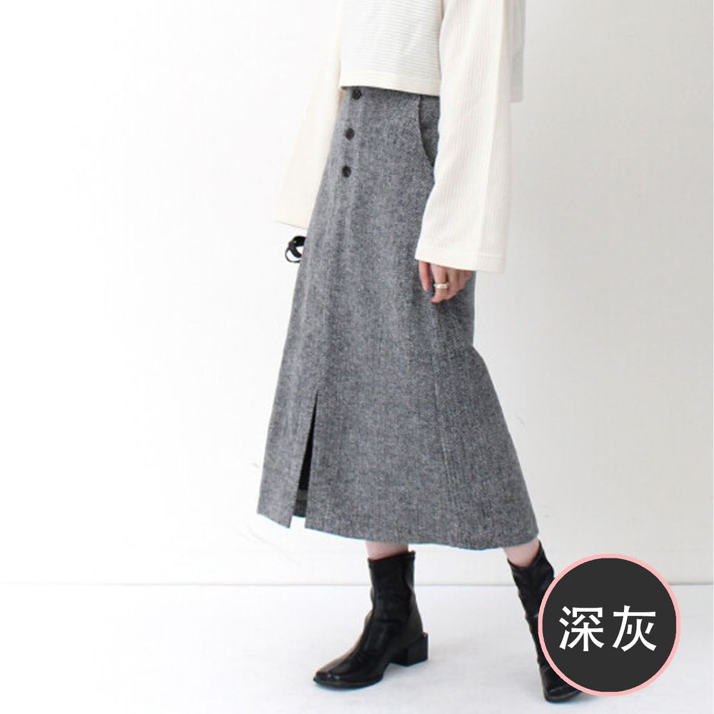 日本 Riche Glamour - 後腰鬆緊毛呢排釦前開岔長裙-人型紋-深灰