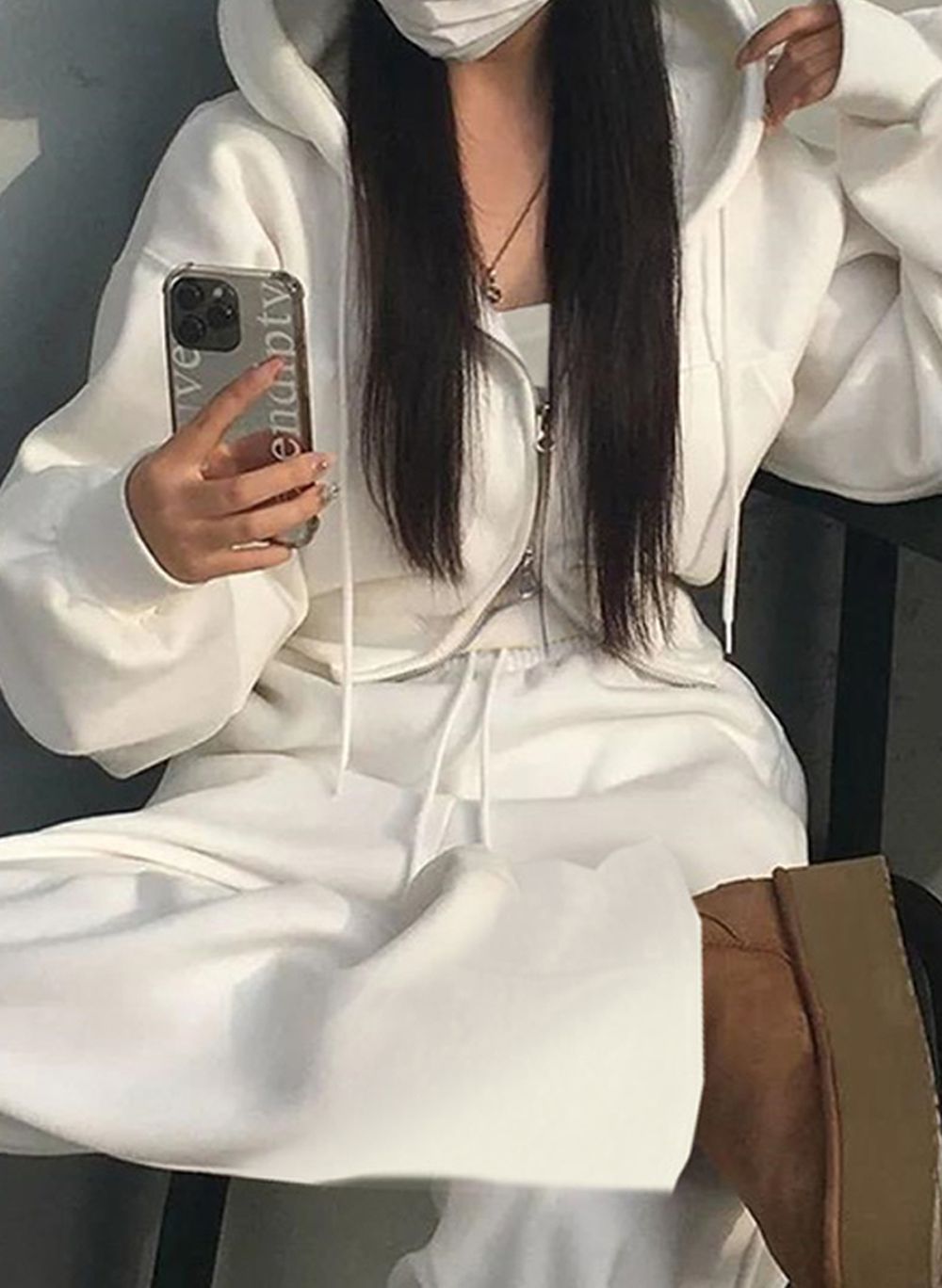 簡約素色運動風連帽套裝3件組-白