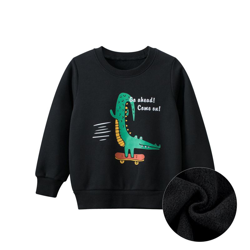 加絨棉質圓領長袖上衣/大學T-特技鱷魚-黑色