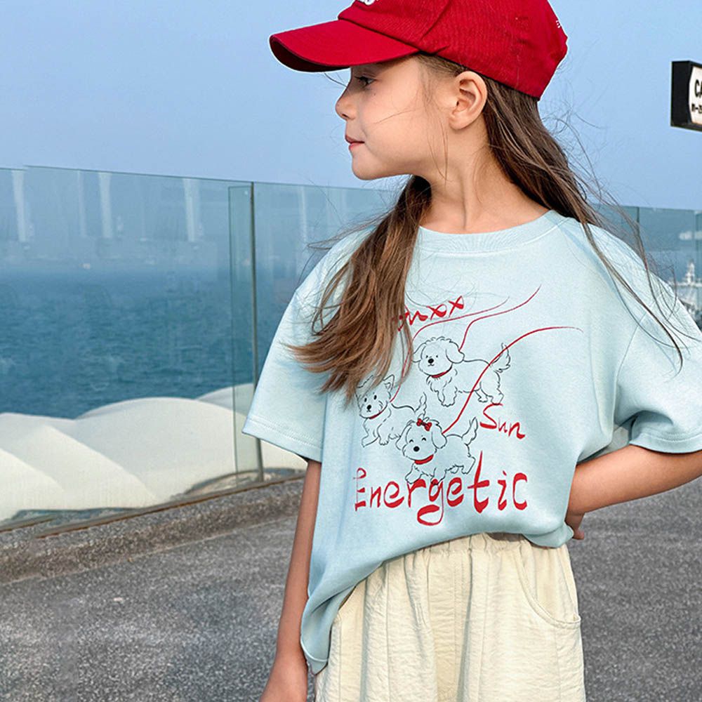 休閒圓領落肩短袖上衣/T恤-童趣萌繪-灰藍色