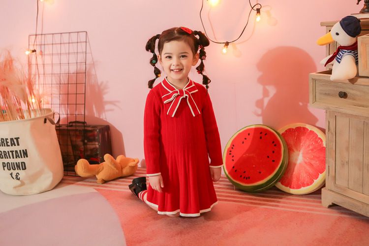 長袖針織洋裝-領口蝴蝶結-紅色