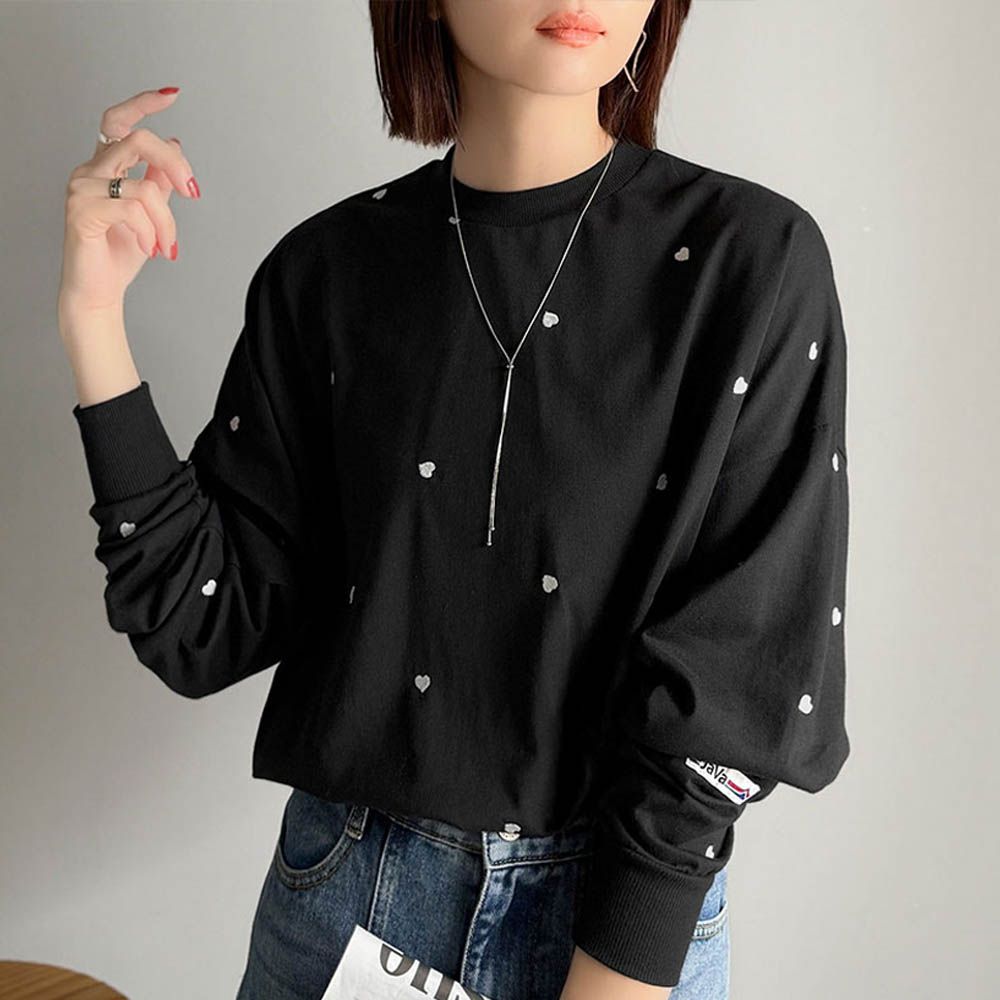 Java 滿版甜蜜心型長袖上衣-黑x白