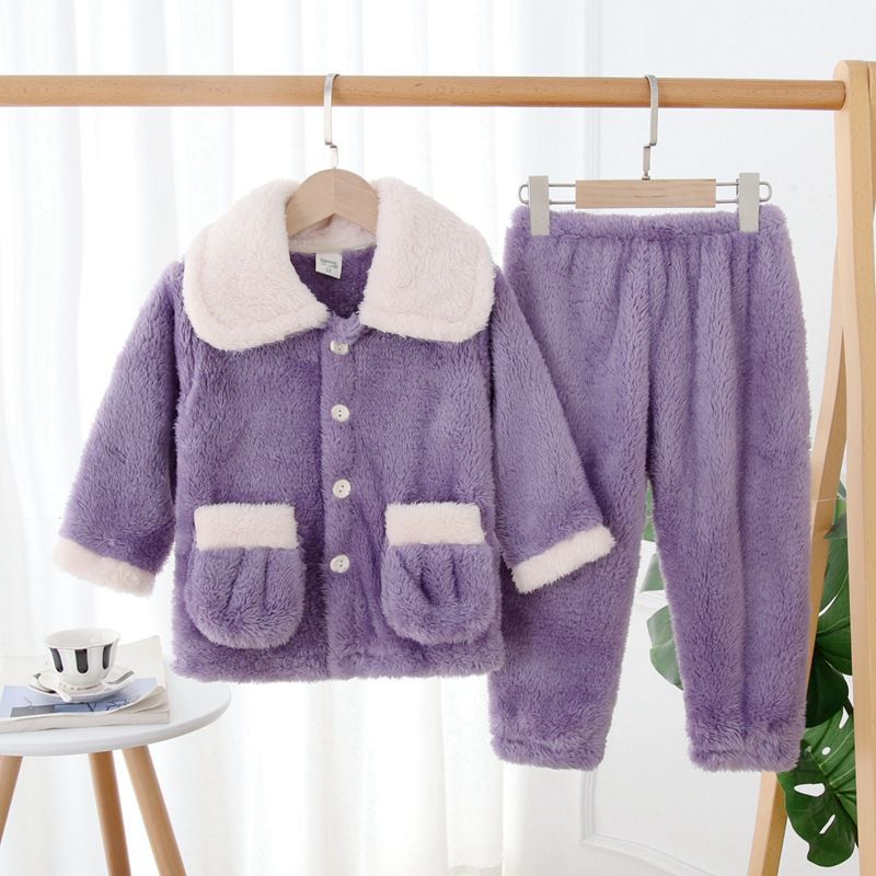 法蘭絨兒童長袖睡衣-皇冠企鵝-灰藍色