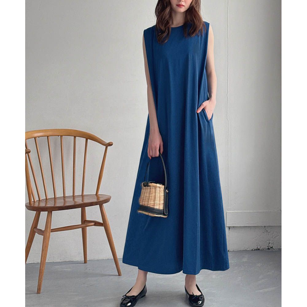 休閒感棉混透氣無袖洋裝-寶藍 (F)