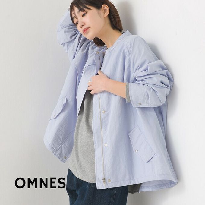 日本 OMNES - 潑水加工 輕量尼龍抽繩造型圓領外套-水藍