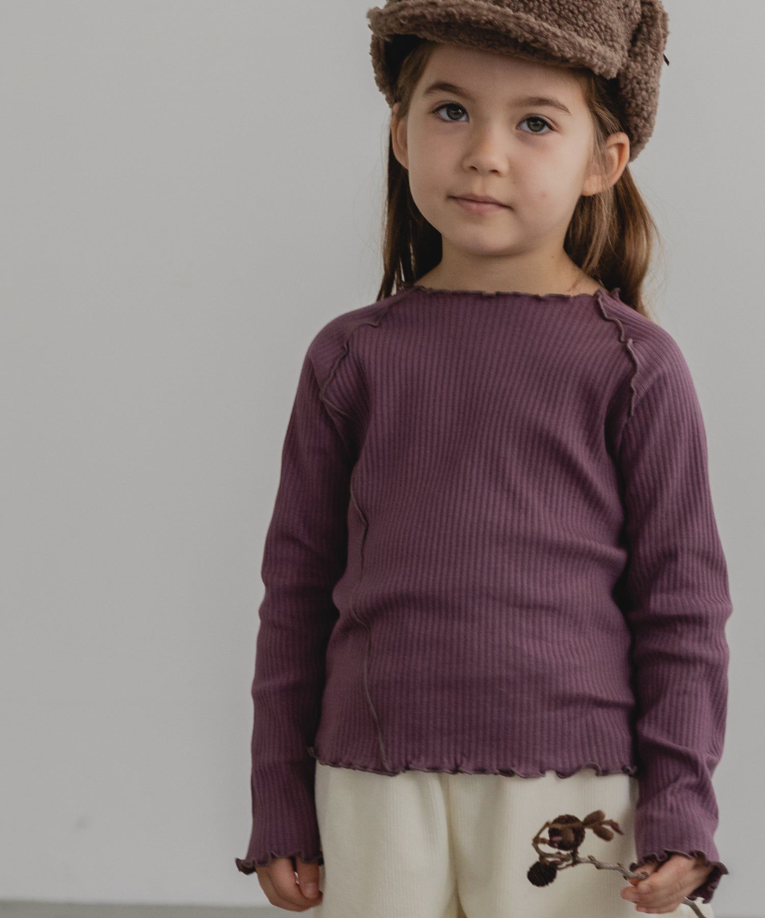 日本 PAIRMANON - 棉100% 羅紋不規則捲捲薄長袖上衣-孩子-葡萄紫