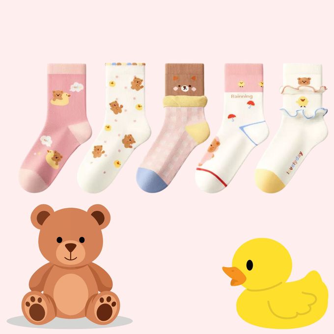 泡泡木耳邊可愛小熊鴨子純棉中筒棉襪