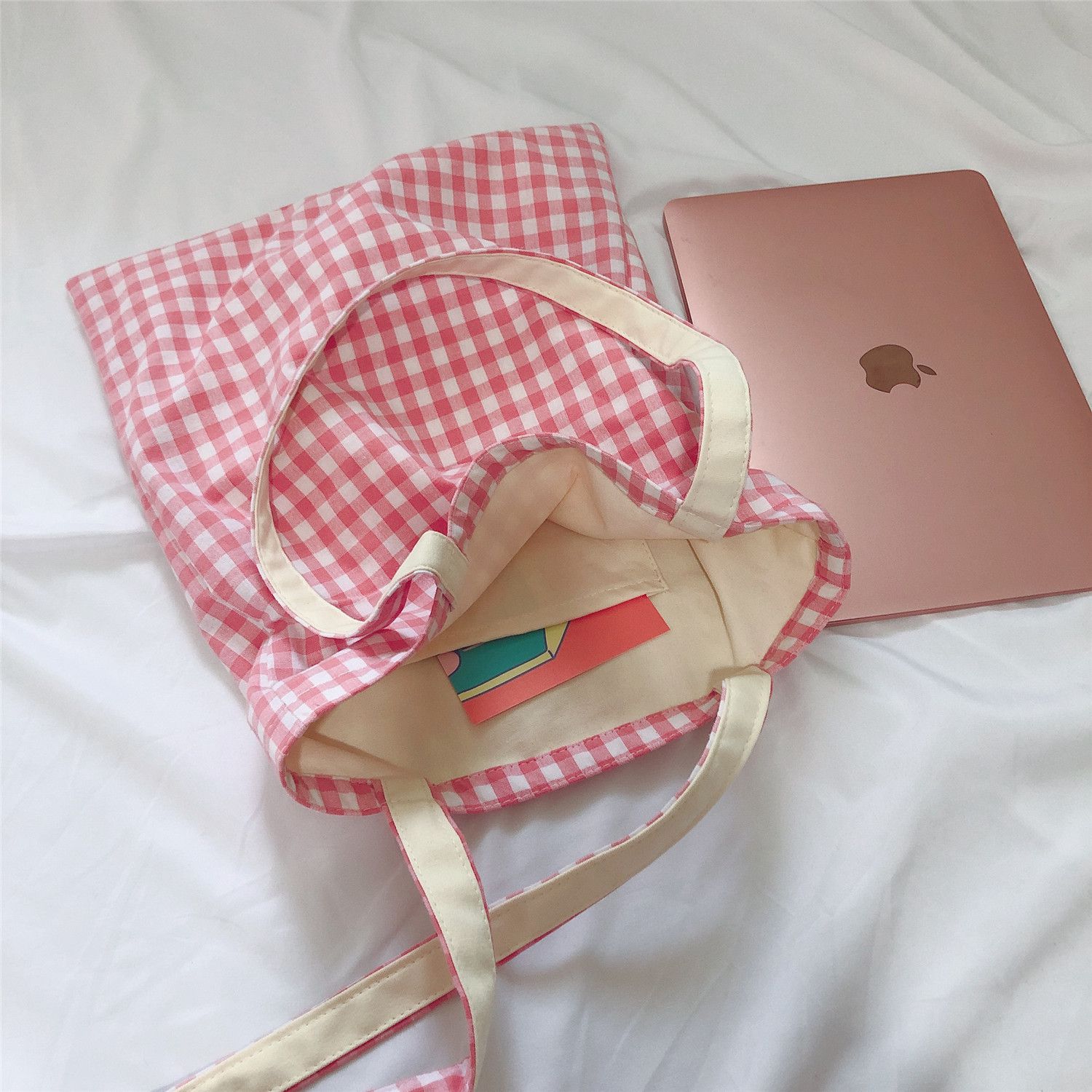 休閒格子單肩手提帆布袋-粉紅色 (37*35cm)