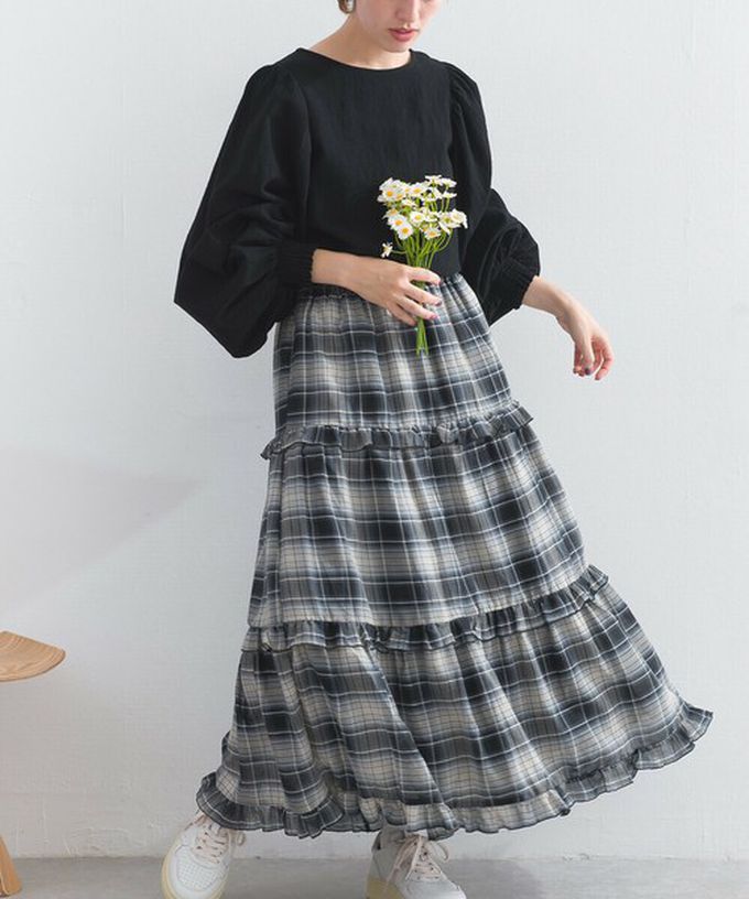 日本 Lupilien - 精緻格紋輕盈感分層俏麗長裙-黃綠