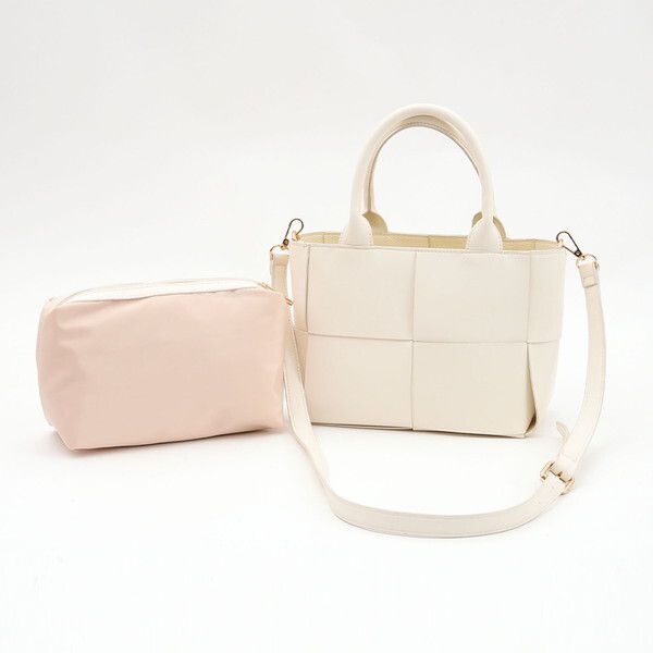 日本 COOCO - 2way方格拼接造型手提包/側背包(附內袋)-白 (38x30x13cm)