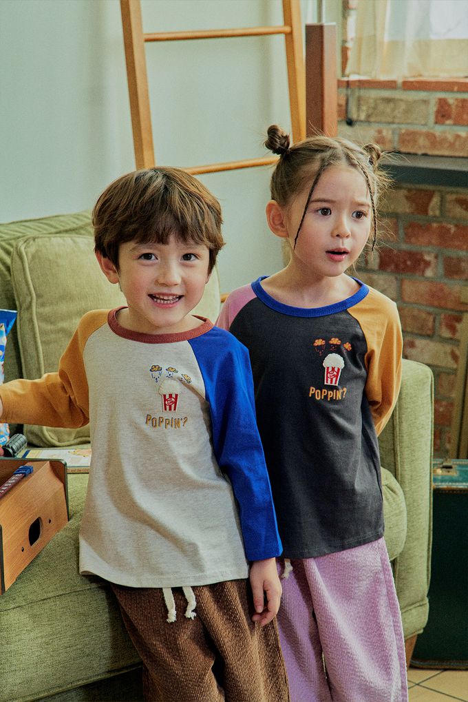 韓國 First Blue - 美味爆米花印長袖上衣-黃橘X燕麥X寶藍