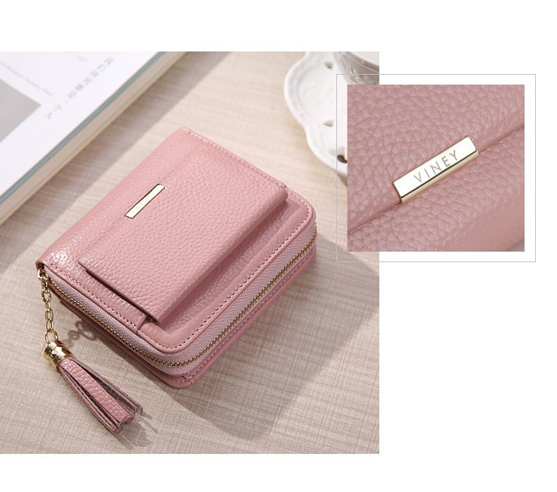 真皮質感流蘇拉鏈短夾-粉色 (11x10x3cm)