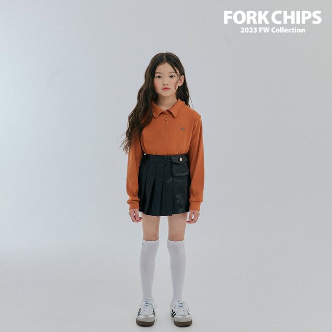 韓國 FORK CHIPS - 金屬裝飾直坑條翻領長袖上衣-磚紅