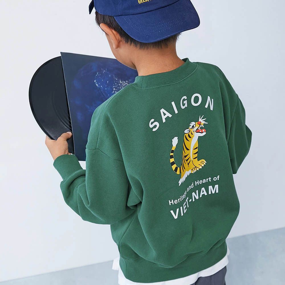 熱銷定番 印花縮口長袖上衣-老虎-濃綠