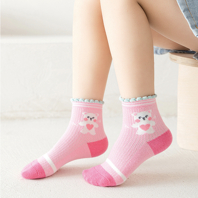 love, charlotte - 粉色小熊格子愛心網眼短筒棉襪-5 雙一組